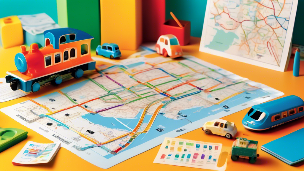 An illustrated guide open on a table with colorful, easy-to-read train schedules and routes, surrounded by beginner traveling accessories like a compass, a map, and a toy train, in a brightly lit, welcoming study room.