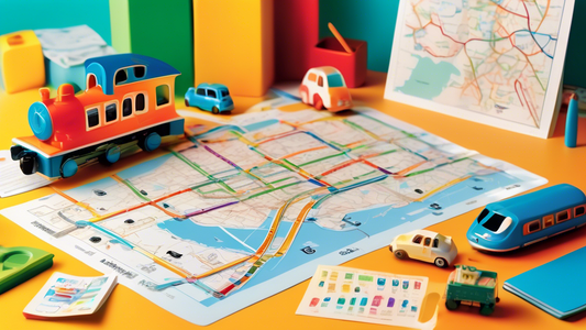 An illustrated guide open on a table with colorful, easy-to-read train schedules and routes, surrounded by beginner traveling accessories like a compass, a map, and a toy train, in a brightly lit, welcoming study room.