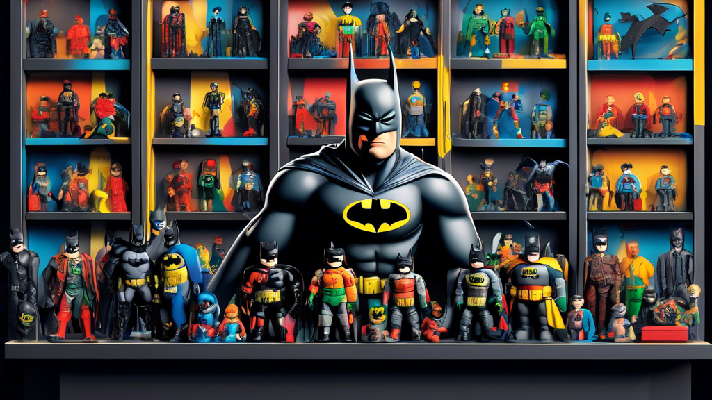 Create an illustration of an eclectic collection of Batman toys, ranging from classic action figures to modern interactive gadgets, displayed on a themed shelf with Batman insignia in the background, catering to fans of all ages.