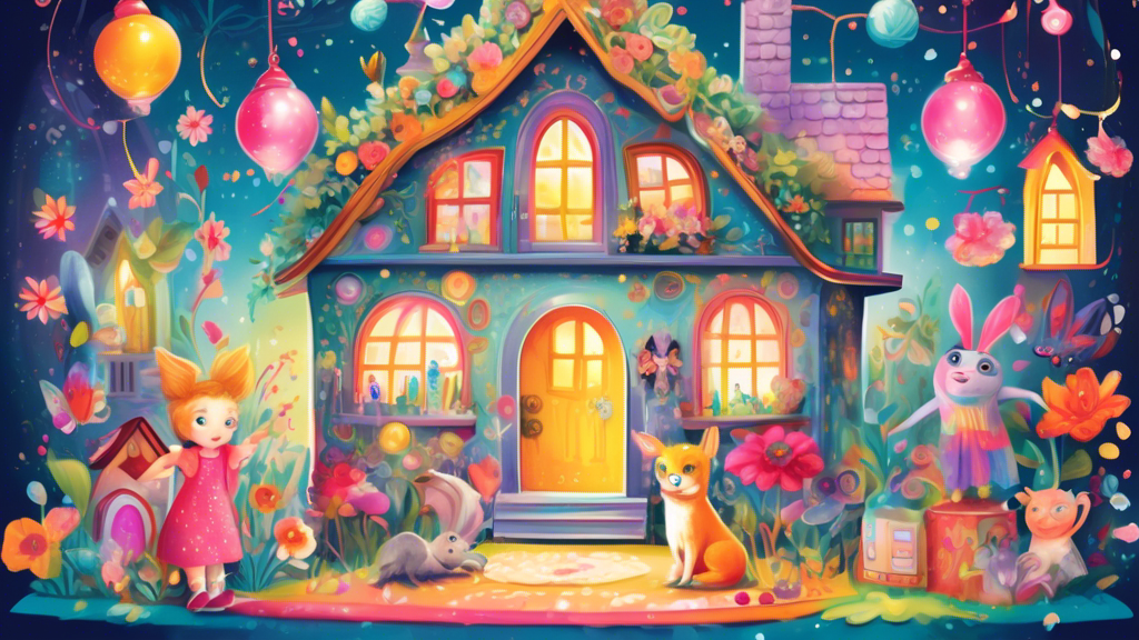 Dreamy illustration of Gabby entering an enchanted, colorful dollhouse filled with whimsical creatures and magical items, surrounded by sparkling lights and vivid, cheerful flowers.