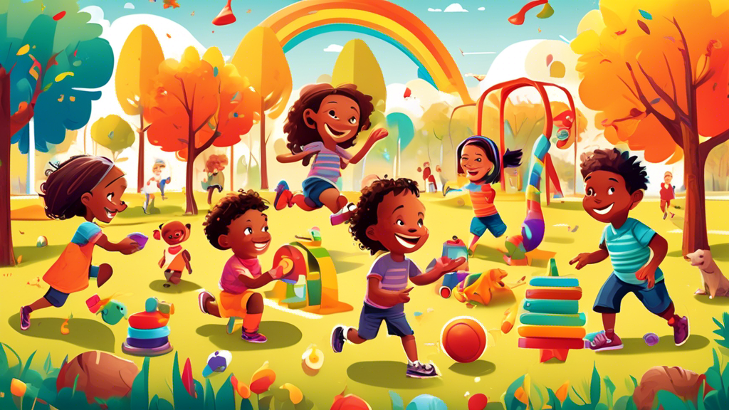 A vibrant, joyful illustration showcasing a diverse group of kids of various ages happily playing with the top 10 must-have outdoor toys in a sunny, expansive park. Each toy is uniquely highlighted, creating a dynamic and engaging scene.