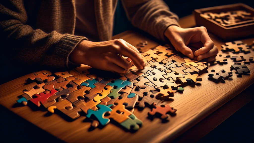 An elegant, dimly lit study filled with a variety of intricate wooden puzzles on a vintage oak desk, with a refined adult thoughtfully engaged in solving a complex puzzle piece under a soft, warm light.