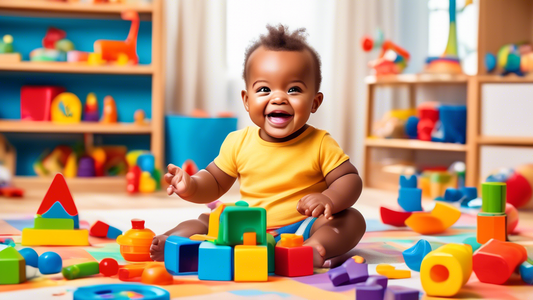 A vibrant illustration of a joyful 1-year-old sitting in a playroom surrounded by a variety of colorful educational toys, including blocks with letters, shape sorters, and musical instruments, engaging in playful learning activities.