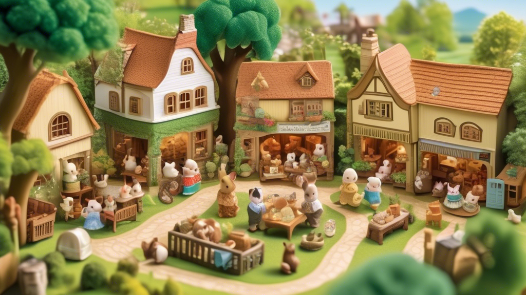 detailed illustration of an idyllic, miniature, rustic village filled with anthropomorphic animal figures from Sylvanian Families, showcasing their quaint homes, a bustling marketplace, and children playing in a serene, lush green landscape