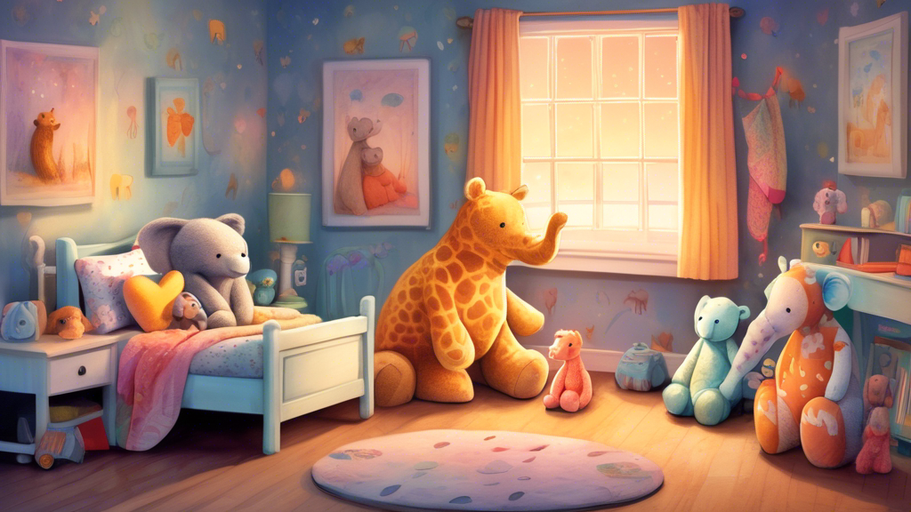 An array of Warmies stuffed animals, including a whimsical bear, a serene elephant, and a cheerful giraffe, all gently heated and arranged in a cozy, softly-lit child’s bedroom at dusk, symbolizing comfort and companionship for all ages.