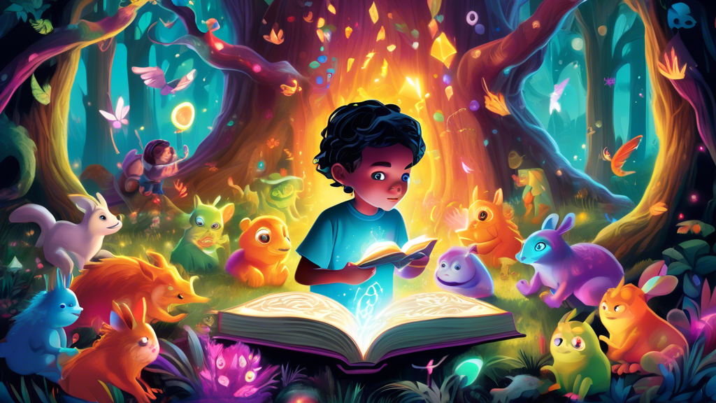 An illustration of a curious child opening a spellbook surrounded by colorful, mystical creatures known as Magic Mixies in a glowing, enchanted forest.