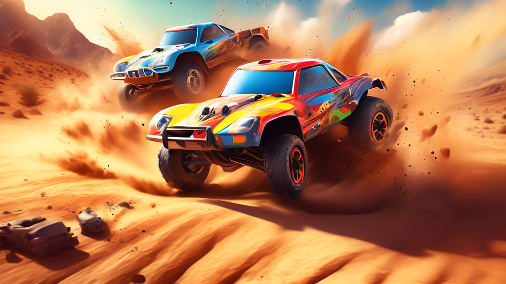 A dynamic scene of diverse RC cars racing across a rugged, outdoor landscape, kicking up dust under a bright, sunlit sky.