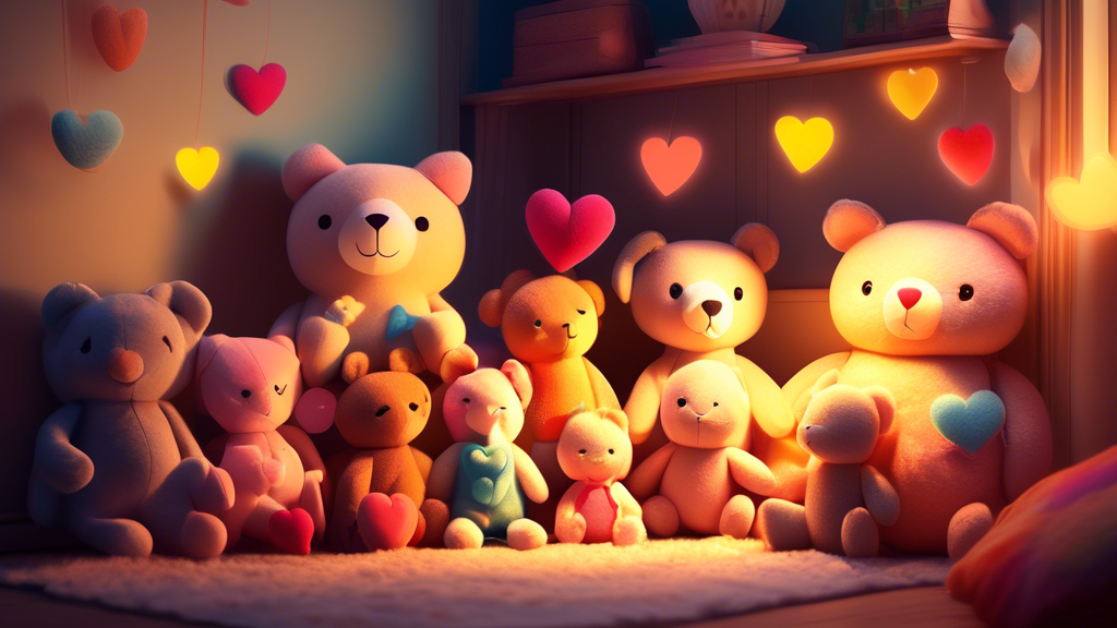 An enchanting collection of diverse plush toys nestled together, radiating warmth and happiness, with hearts visibly glowing in a cozy, softly-lit room.