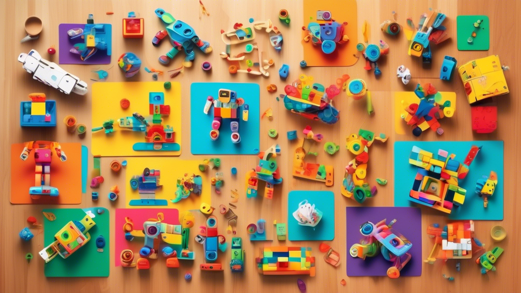 A bright, colorful collage of the top STEM toys scattered on a wooden floor, showcasing engaging robotic kits, building blocks, and puzzle games, with curious and joyful children playing and learning in the background.