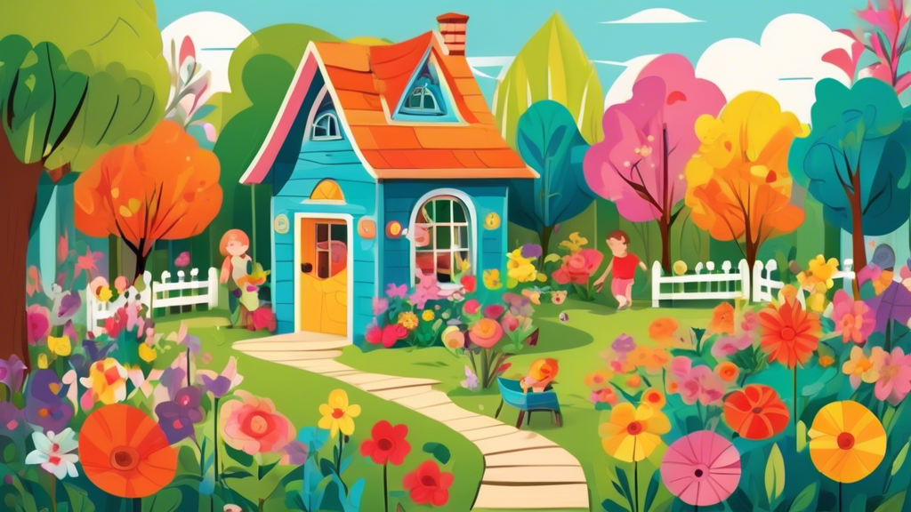 A whimsical wooden playhouse nestled in a lush backyard garden, surrounded by colorful flowers and playful children enjoying a sunny day.