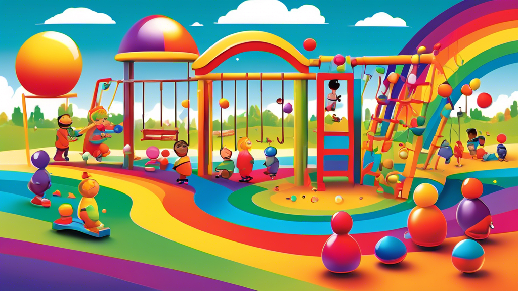 Generate an image of a vibrant playground filled with various Weebles characters, all engaging in playful activities such as swinging, sliding, and seesawing, set against a backdrop of a bright, colorful rainbow.