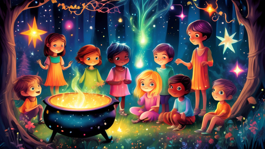 A group of enchanted, wide-eyed children gathered around a glowing, mystical cauldron, casting colorful magic spells, with twinkling stars and sparkles in a whimsical, moonlit forest setting.