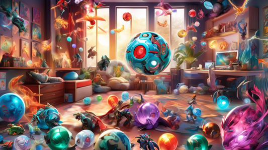 A vibrant illustration of a child's room filled with a diverse collection of Bakugan battle spheres, launchers, and character cards, highlighted by an enchanting glow as the Bakugan spring to life in the midst of an epic battle on a playmat.