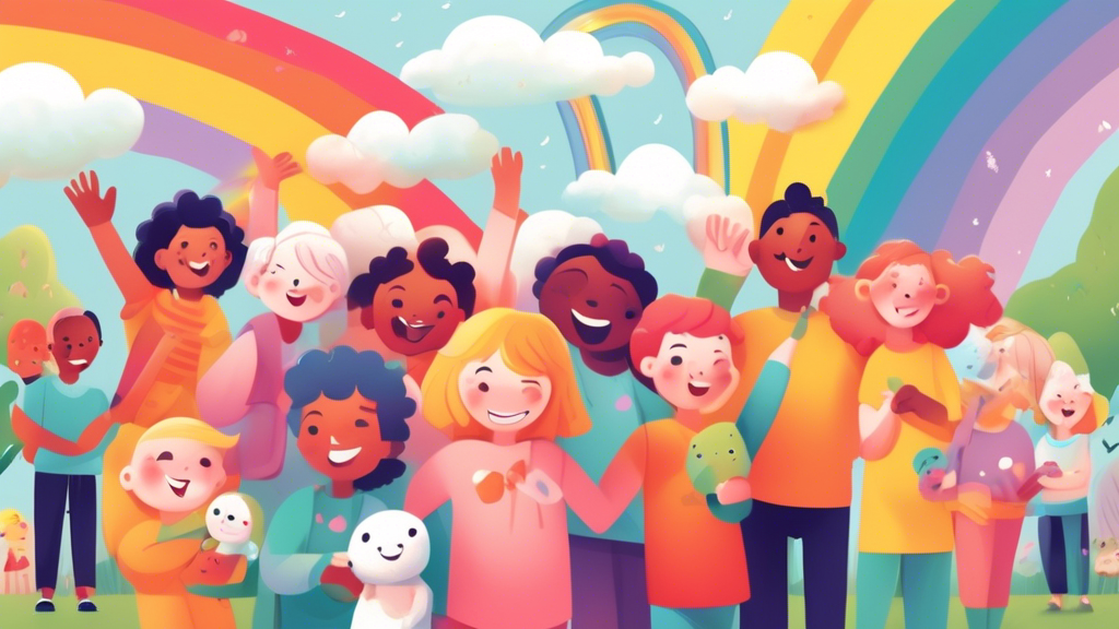 An illustration of people of all ages joyfully holding various colorful plushies under a rainbow in a park setting, showcasing a variety of expressions of happiness and comfort.