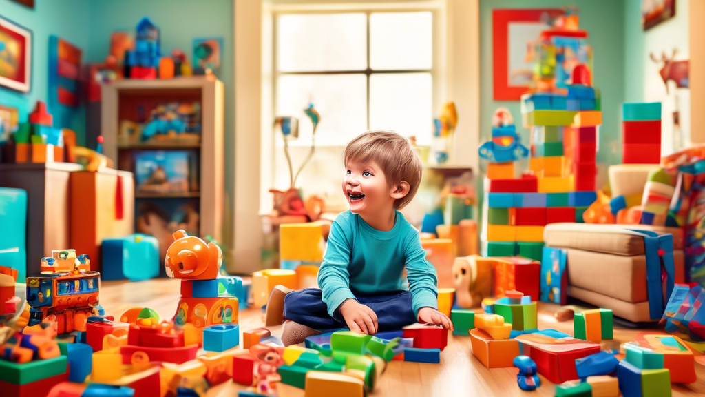 A vibrant, joyful image of a 3-year-old boy surrounded by a mix of fun and educational gifts, including colorful building blocks, interactive storybooks, and a miniature robot toy, all set against a whimsically decorated room background.