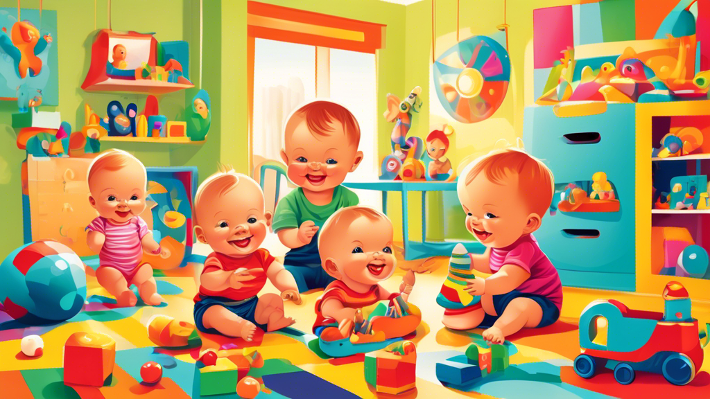 Vibrant illustration of joyful babies playing with educational toys in a colorful, stimulating playroom setting, showcasing a variety of toys designed for development and fun.