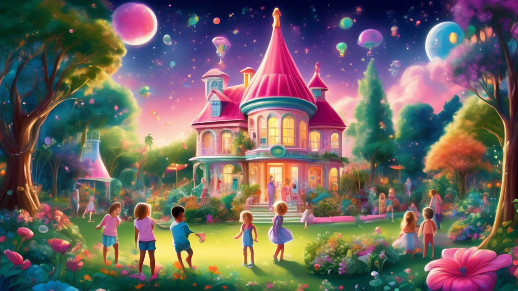 An enchanting digital painting of a whimsical, oversized Polly Pocket playset nestled in a lush, magical garden, with children marveling at its charm under a sparkling sky.