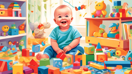 a colorful illustration of a smiling baby surrounded by a variety of educational toys such as blocks, soft books, a rattle, and a musical toy, all in a bright, playful nursery setting