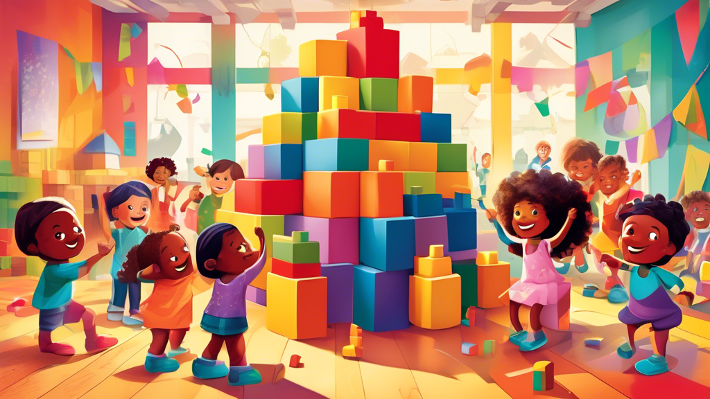 Colorful illustration of diverse children joyfully building a large, imaginative structure together out of giant toy blocks, with a whimsical, welcoming classroom in the background.